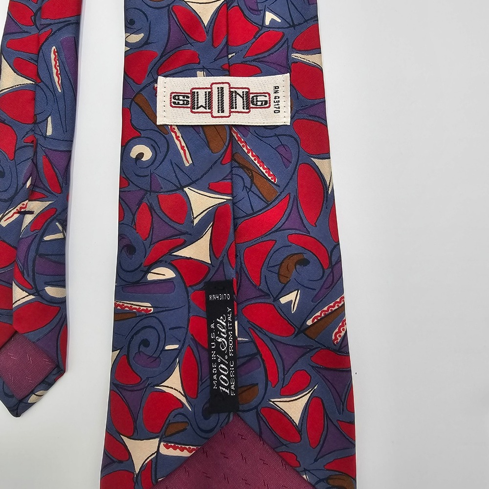 1990s vintage SWING Mens 100% Silk Necktie Blue Red Abstract Pattern - Picture 2 of 2